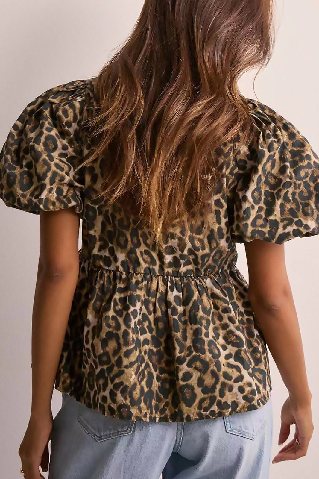 Leopard Print Cinched Lantern-sleeve Slim Blouse