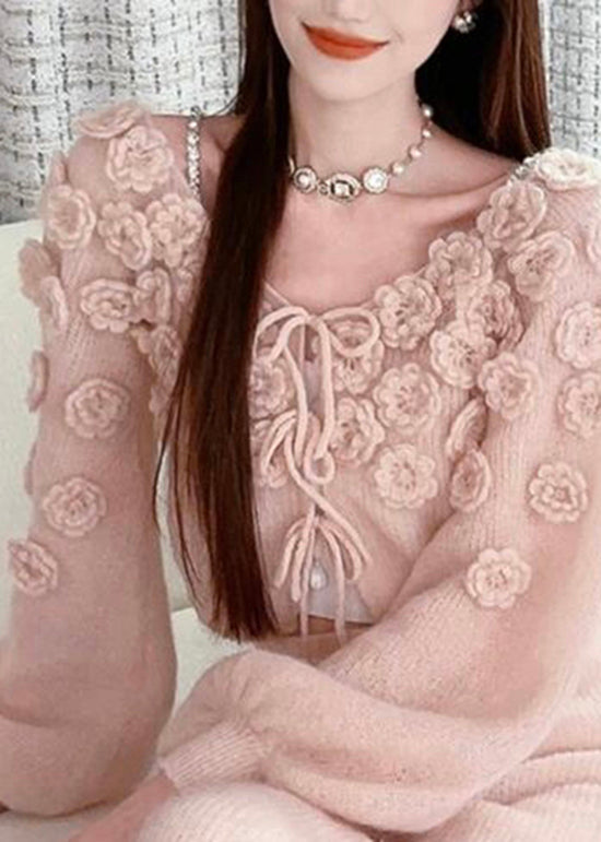 Pink Lace Up Knit Sweaters Fall Ry014