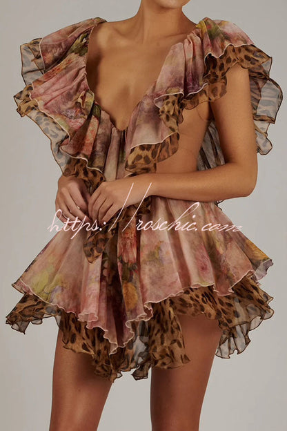 Dreamy Island Leopard Print Cutout Waist Tiered Ruffles Mini Dress