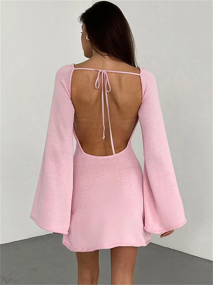 Backless Knitwear Lace-up Mini Dress Female Long Sleeve Loose Holiday Beach High Waist Dress Knit Dress