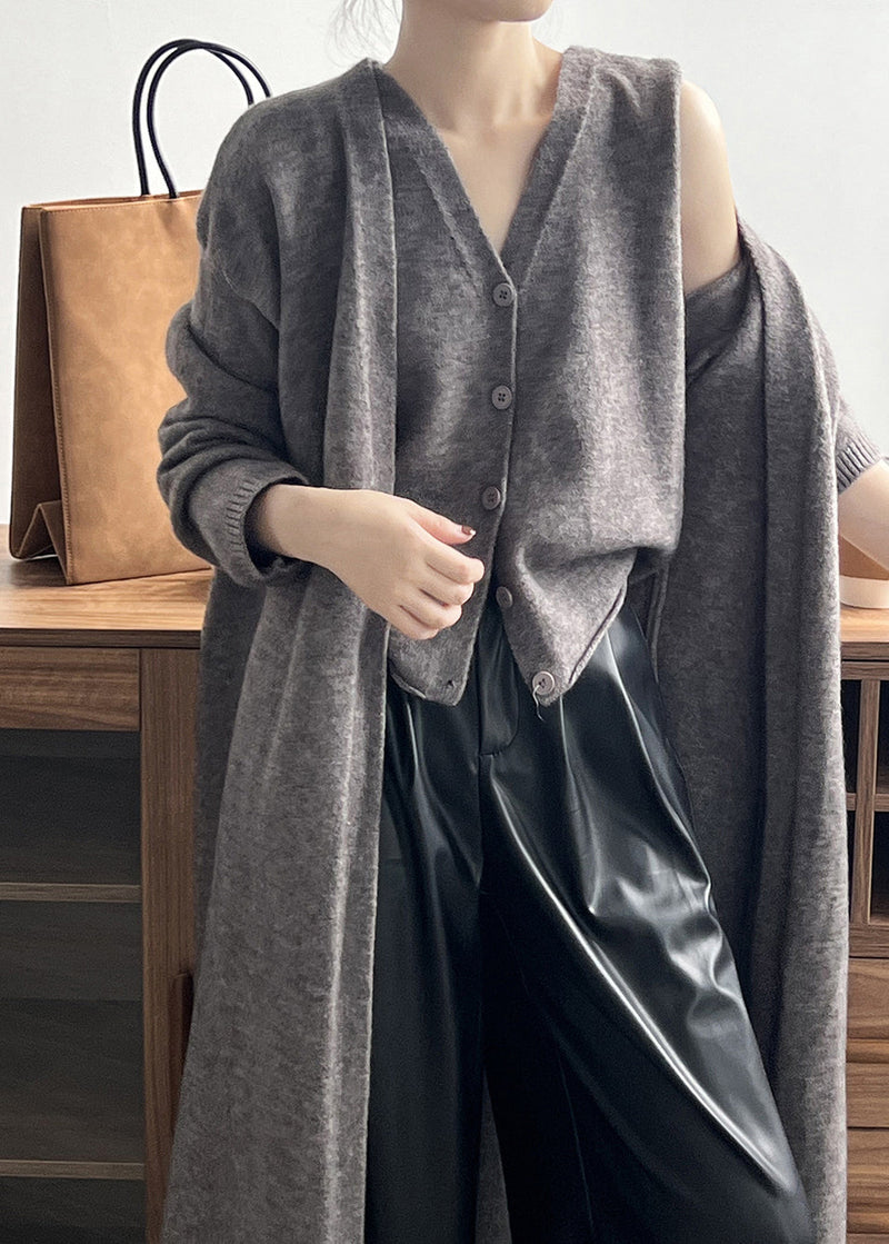 Loose Camel V Neck Tank and Cardigan Knit Two Piece Set Fall Af1097