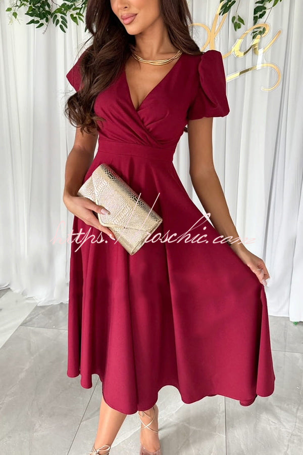 Zayla Color Puff Sleeve V-neck Waist Slim Fit Midi Dress