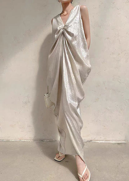 French Beige V Neck Wrinkled Silk Long Dress Sleeveless Ee024