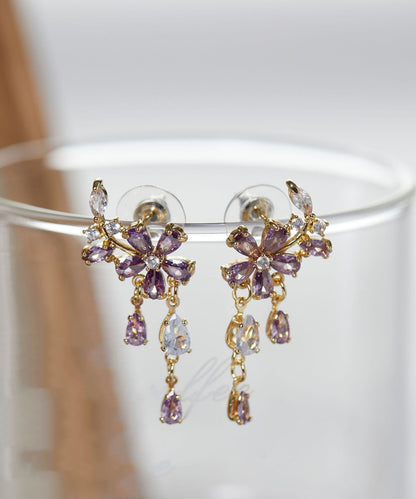 Diy Purple Sterling Silver Zircon Tassel Drop Earrings