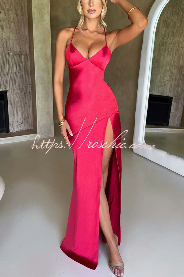 Satin Color Backless Lace Up High Slit Maxi Dress