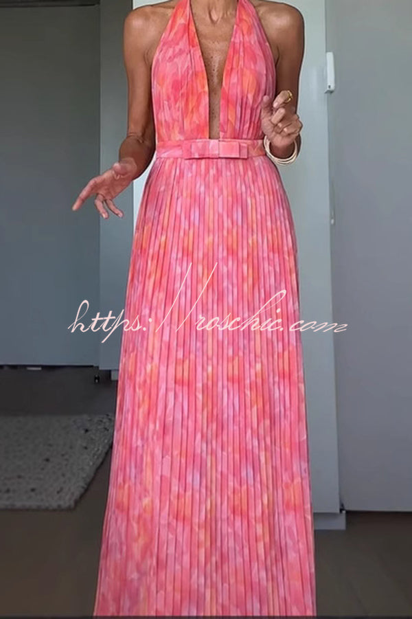 Unique Print Halter Neck Tie Pleated Vacation Maxi Dress