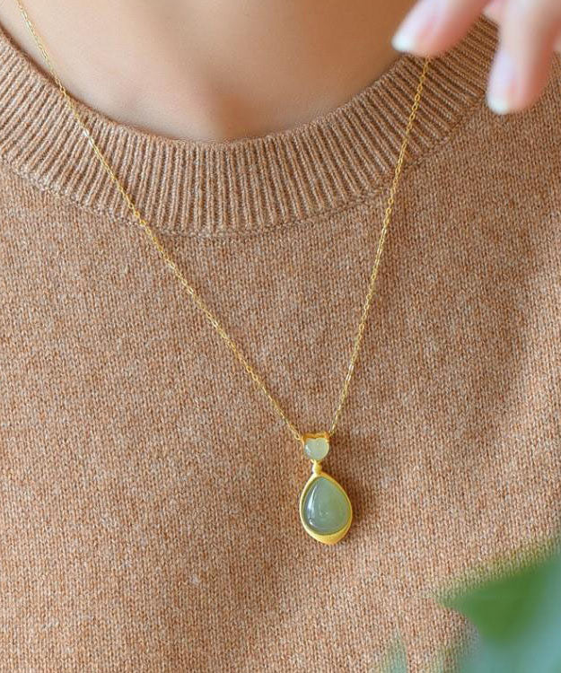 Green Sterling Silver 18k Gold Inlaid Jade Pendant Necklace