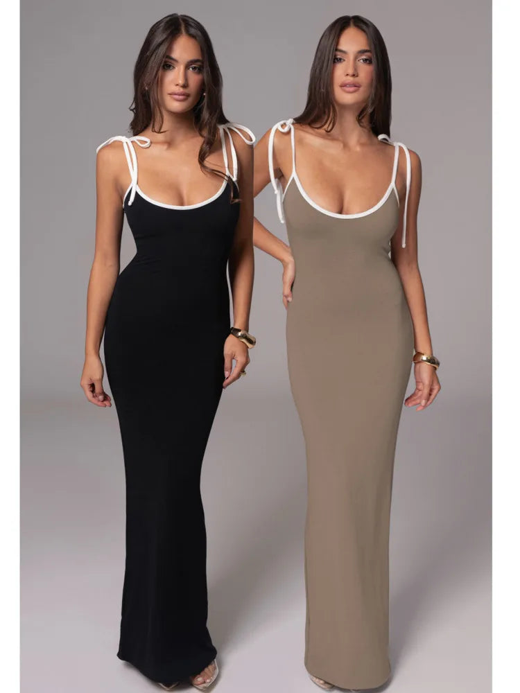 Spaghetti Strap High Elastic Tight Long Dress V-neck Backless Bodycon Autumn Party Evening Dress