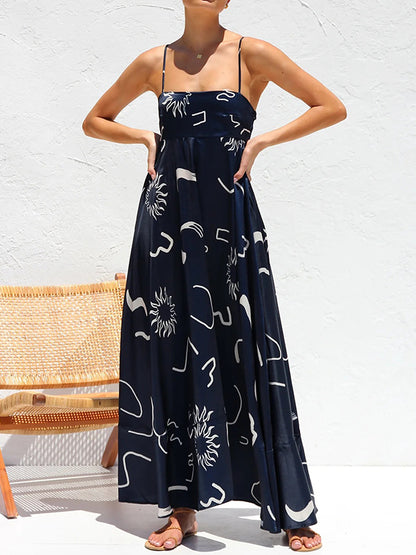 Loose Sleeveless Printed Split-joint Spaghetti-neck Maxi Dresses