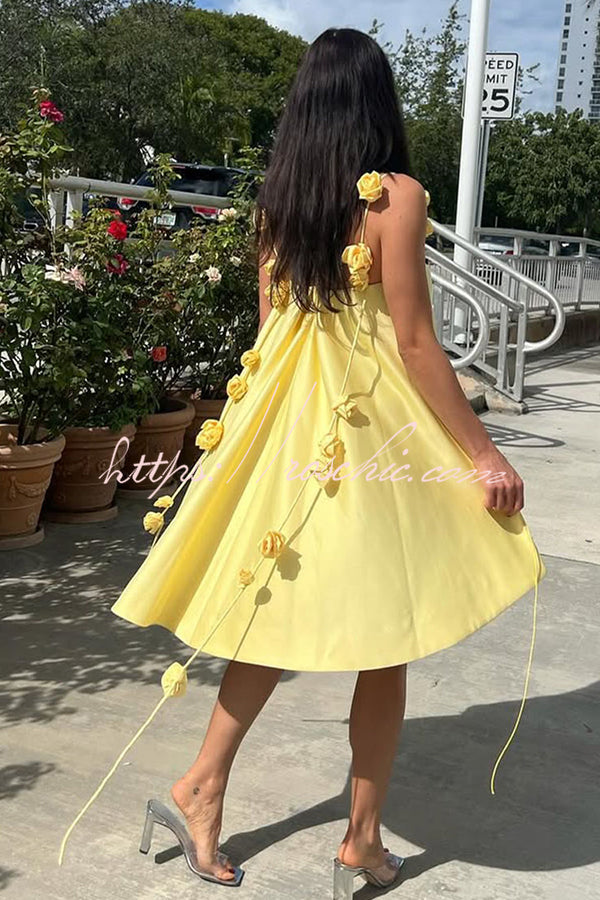 Playful and Flattering Silhouette 3d Rose Drape Straps A-line Mini Dress