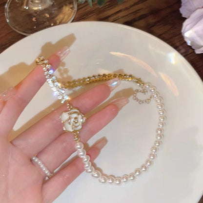 White Alloy Zircon Double Layered Pearl Water Drop Pendant Necklace