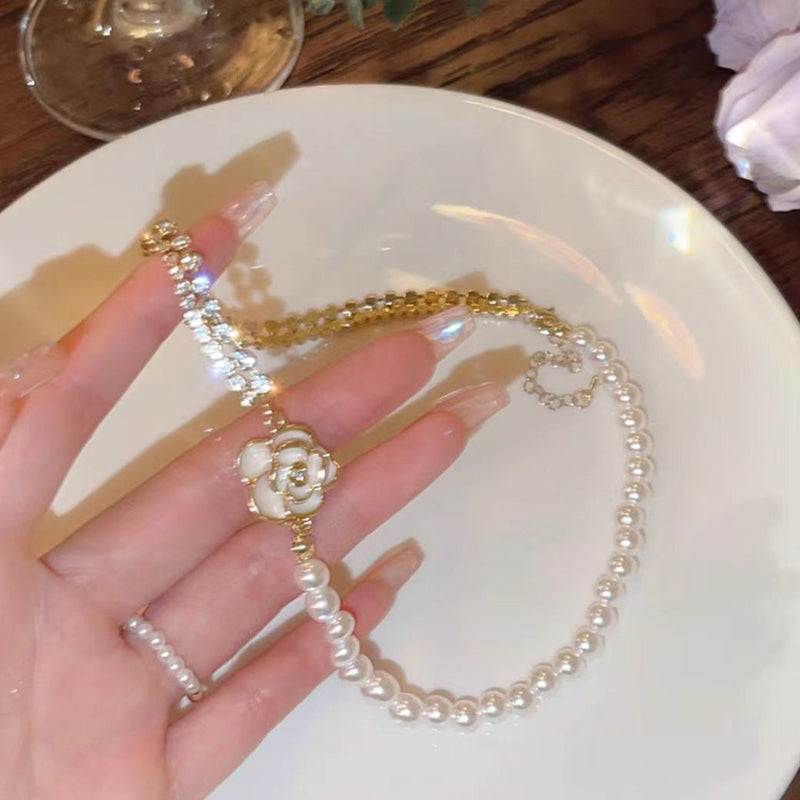 White Alloy Zircon Double Layered Pearl Water Drop Pendant Necklace