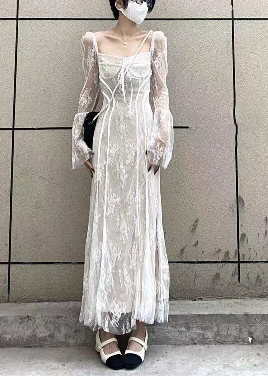 French Black Square Collar Patchwork Lace Long Dress Flare Sleeve Az1028