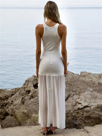Tee Bow Mesh Patchwork Long Dress ’s Bandage See-through Beach Holiday Party Dress Slim Maxi Dress Summer New