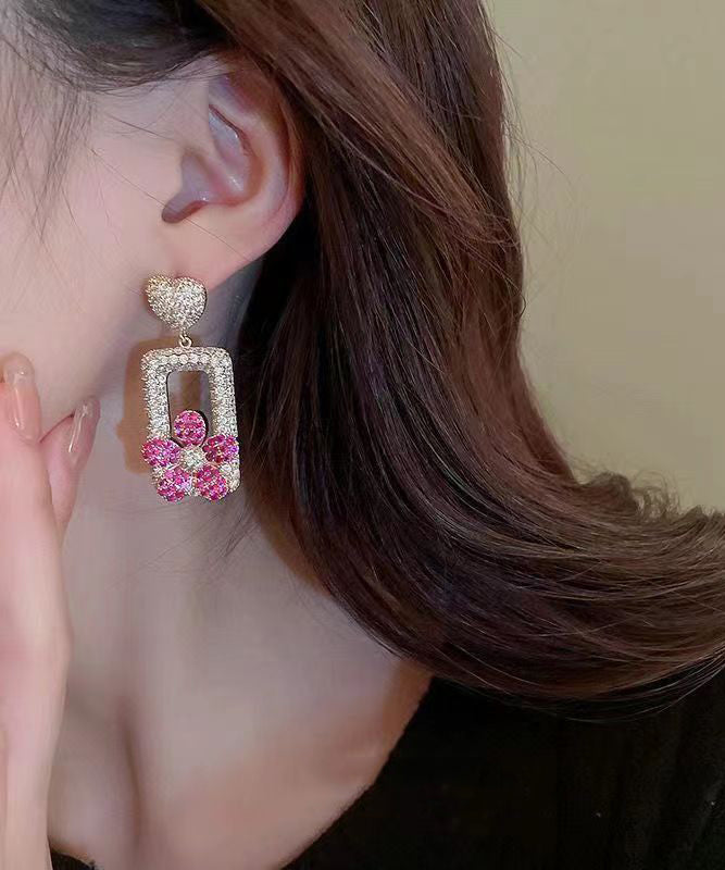 Modern Rose Sterling Silver Overgild Zircon Love Rectangular Shape Drop Earrings