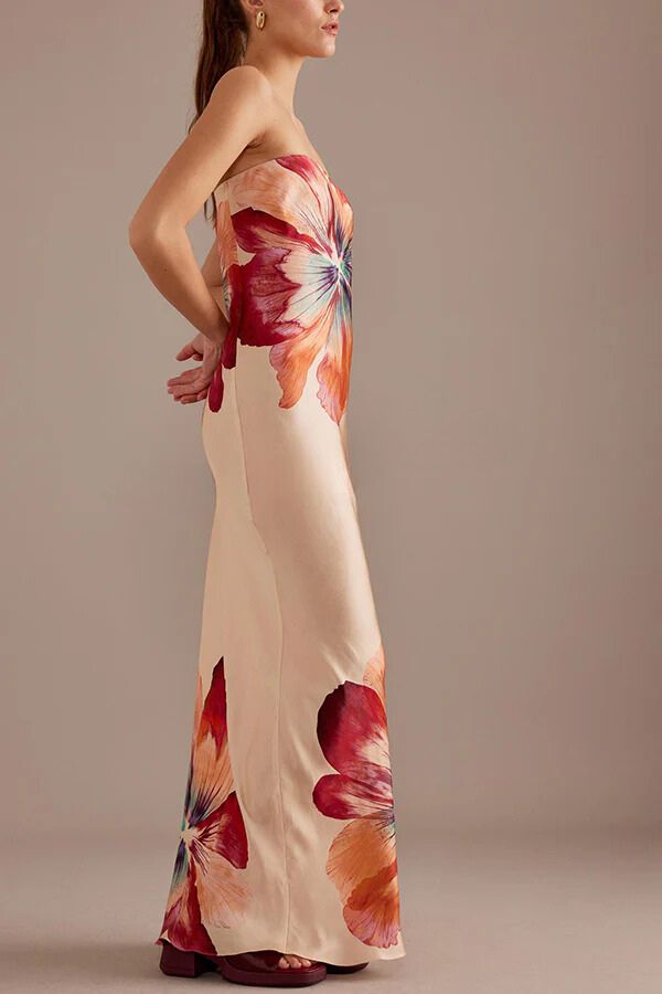 Charming Lady Satin Print Bandeau Loose Maxi Dress
