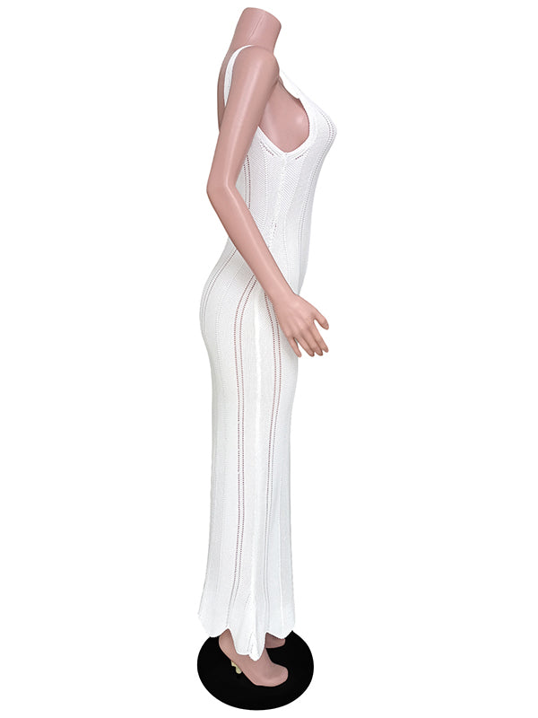 Skinny Sleeveless Backless Hollow See-through Color Split-joint Wide Straps Maxi Dresses