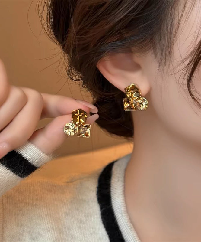 Champagne Sterling Silver Overgild Asymmetric Crystal Resin Stud Earrings