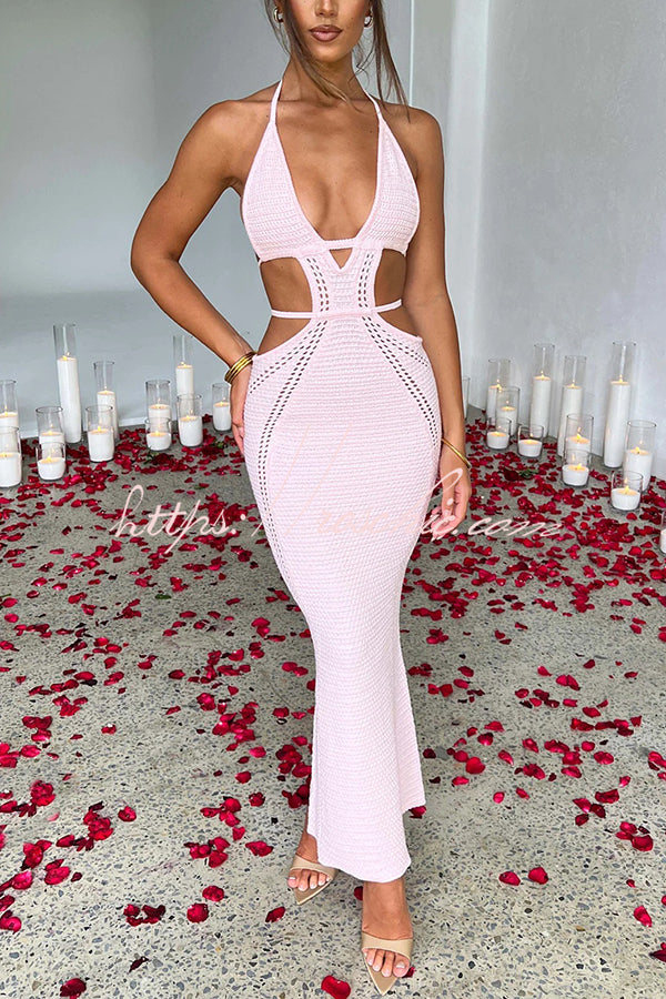 Effortlessly Cool and Knit Crochet Cutout Halter Tie-up Stretch Maxi Dress