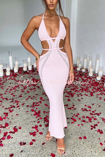 Effortlessly Cool and Knit Crochet Cutout Halter Tie-up Stretch Maxi Dress
