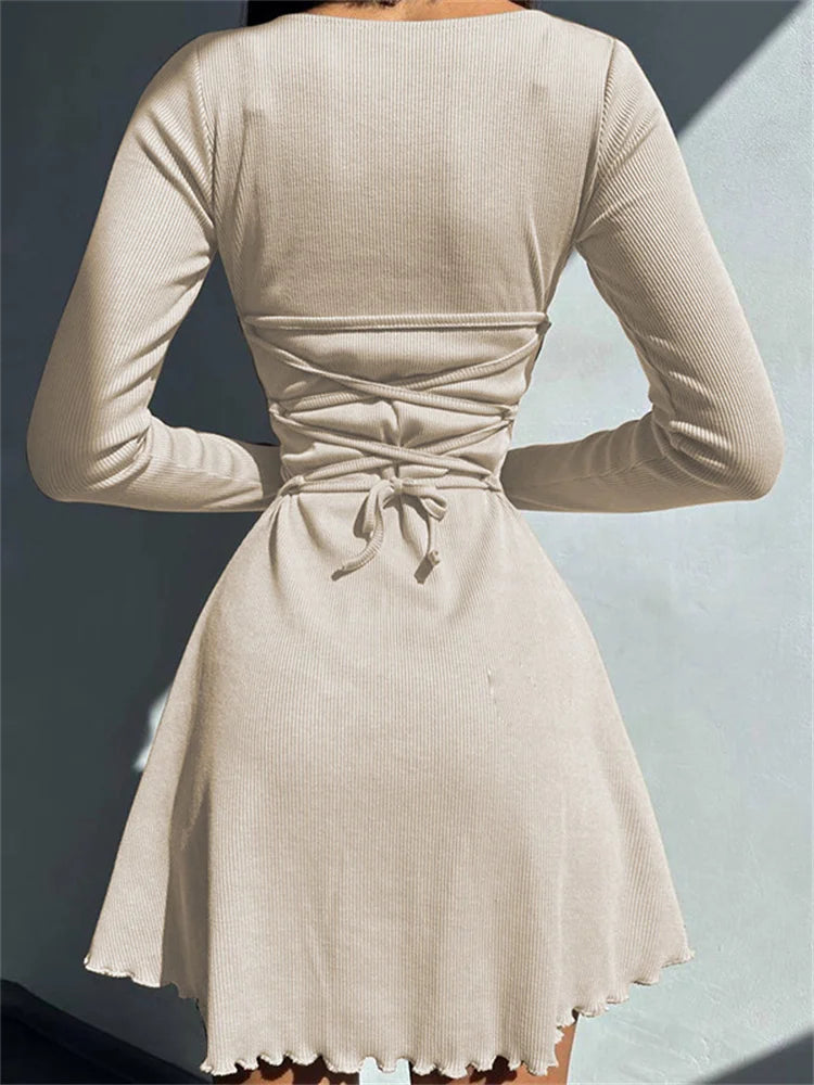 Bandage Ruffled High Waist Mini Dress for Long Sleeve Lace-up Patchwork Autumn Bodycon Dress New