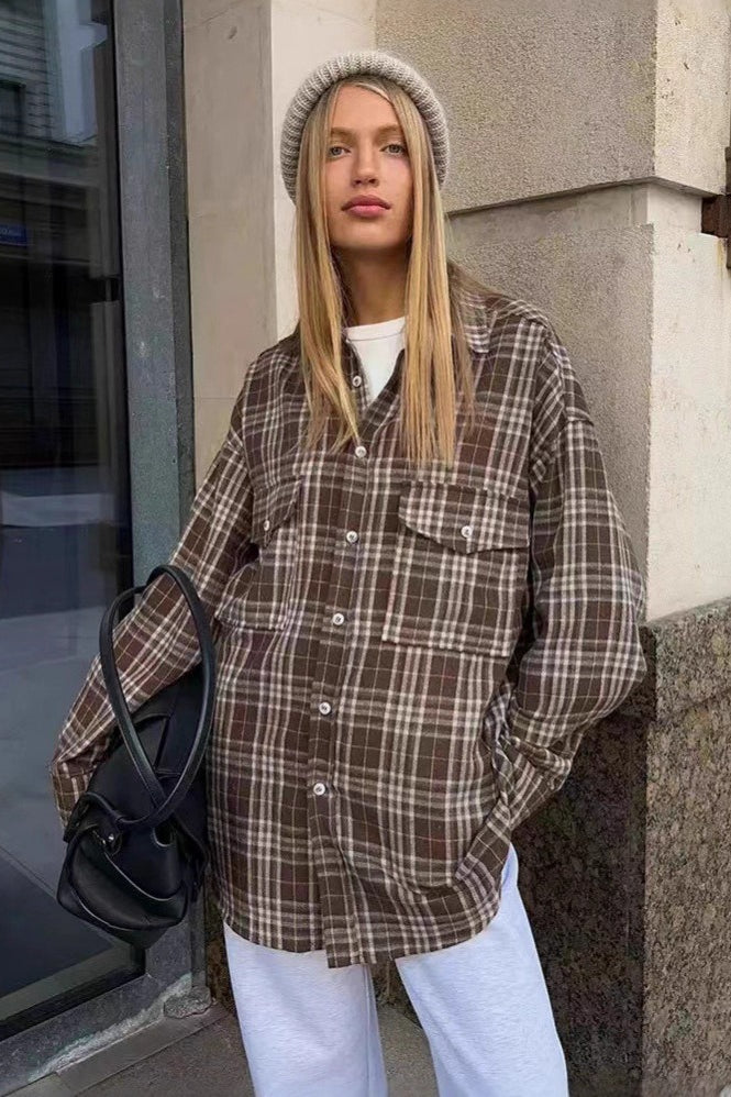 American Plaid Double-pocket Mid-length Blouse