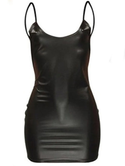 Sxy Faux Leather Backless Cami Bodycon Dress Spring Summer Spaghetti Strap Sleeveless Color Mini Dress for