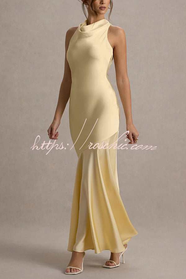 Timeless Sophistication Satin Cowl Detail Back Self-tie Halter Neck Maxi Dress