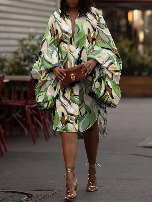 Long Sleeves Loose Buttoned Elasticity Printed Lapel Midi Dresses Shirt Dress