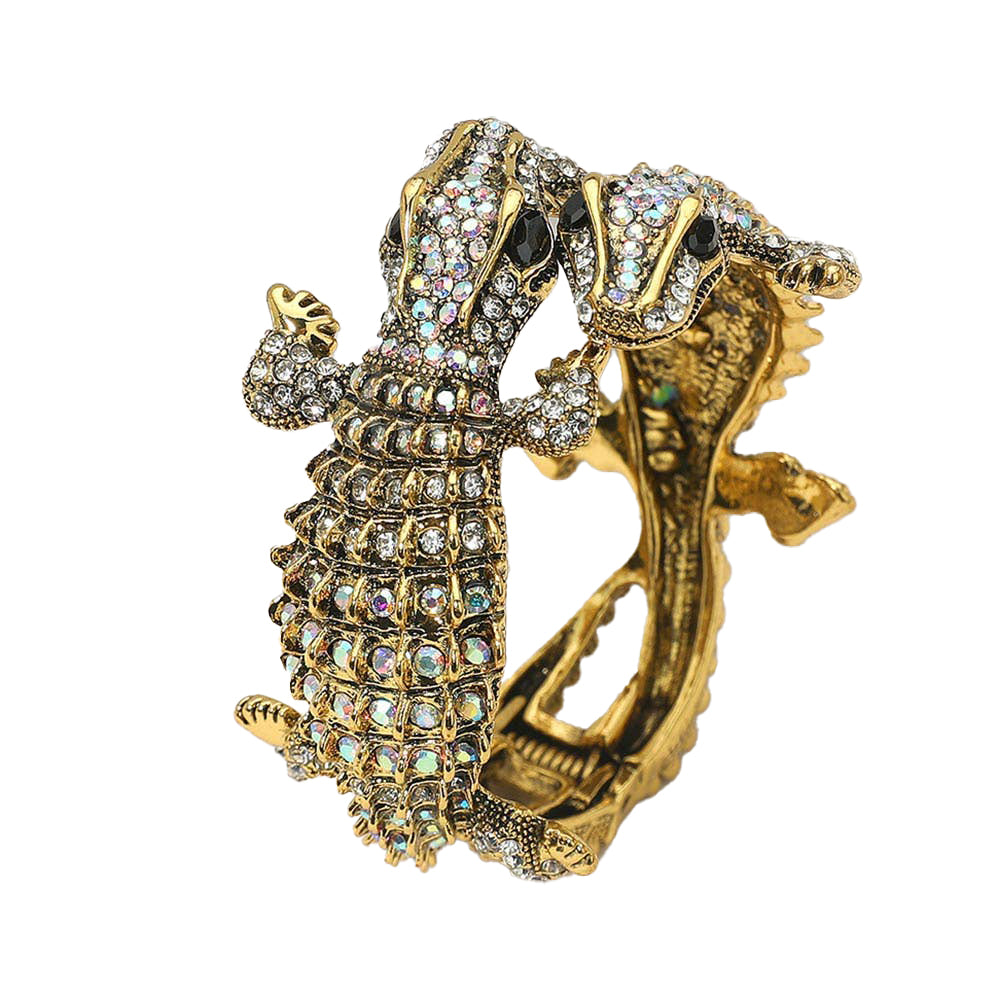 Double Crocodile/alligator Evening Hinged Cuff Bracelet: Ab Gold