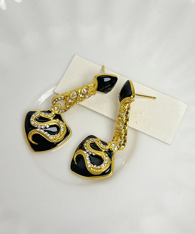 Black Ancient Gold Zircon Asymmetric Glazed Serpentine Shape Drop Earrings