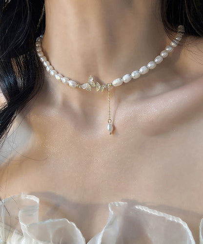 White Sterling Silver Alloy Zircon Butterfly Pearl Lariat Necklace