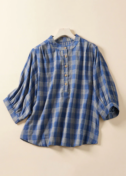 Grace Blue Plaid Stand Collar Cotton Blouses Bracelet Sleeve Qr023