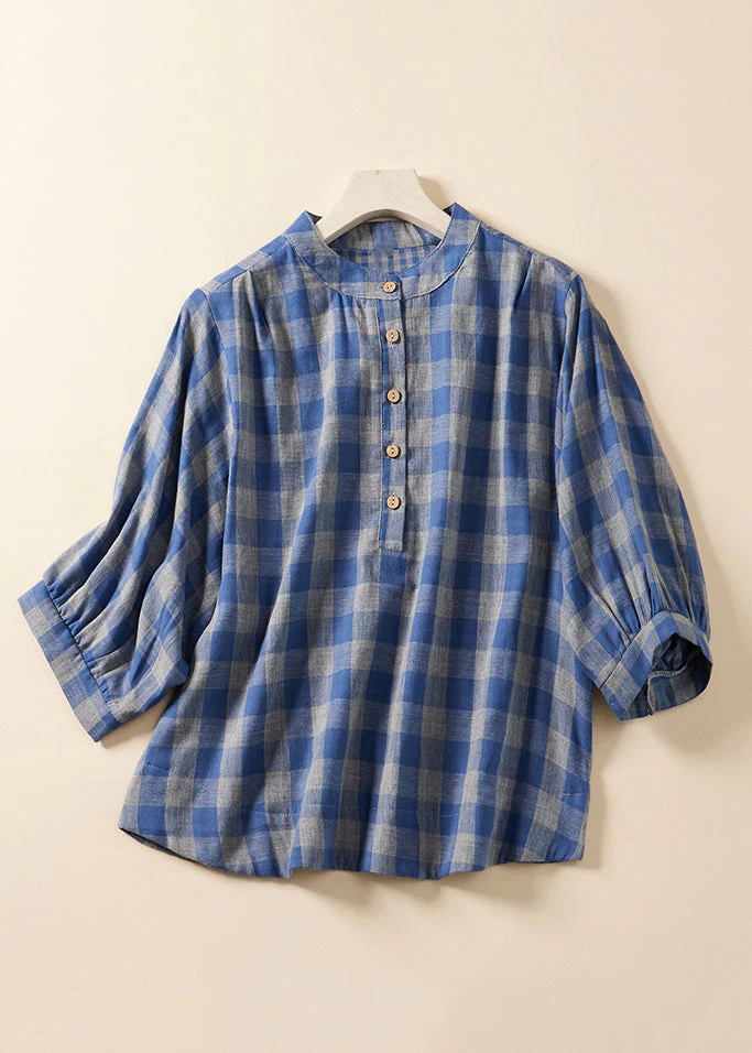 Grace Blue Plaid Stand Collar Cotton Blouses Bracelet Sleeve Qr023