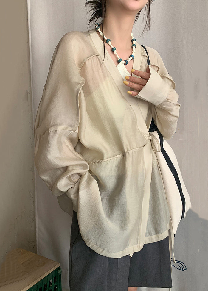 French Apricot V Neck Lace Up Silk Cotton Blouse Long Sleeve Ee022