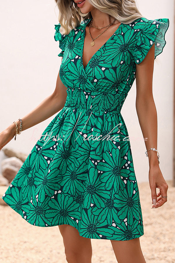 Wonderful Weekend Print Ruffle Sleeve Elastic Waist Mini Dress