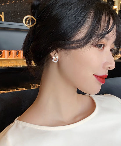 Gold Copper Alloy Pearl Bow Stud Earrings