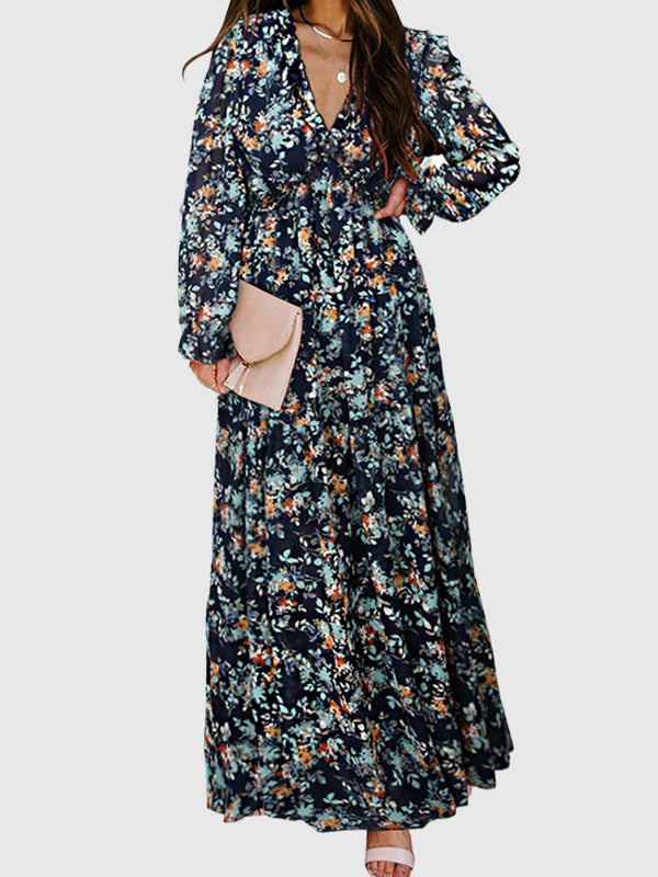 High Waisted Long Sleeves Flower Print Pleated Ruffled V-neck Maxi Dresses