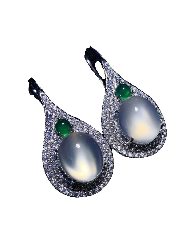 Silk Sterling Silver Inlaid Zircon Jade Stud Earrings