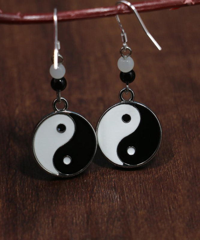Black and White Sterling Silver Jade Tai Chi Circular Drop Earrings
