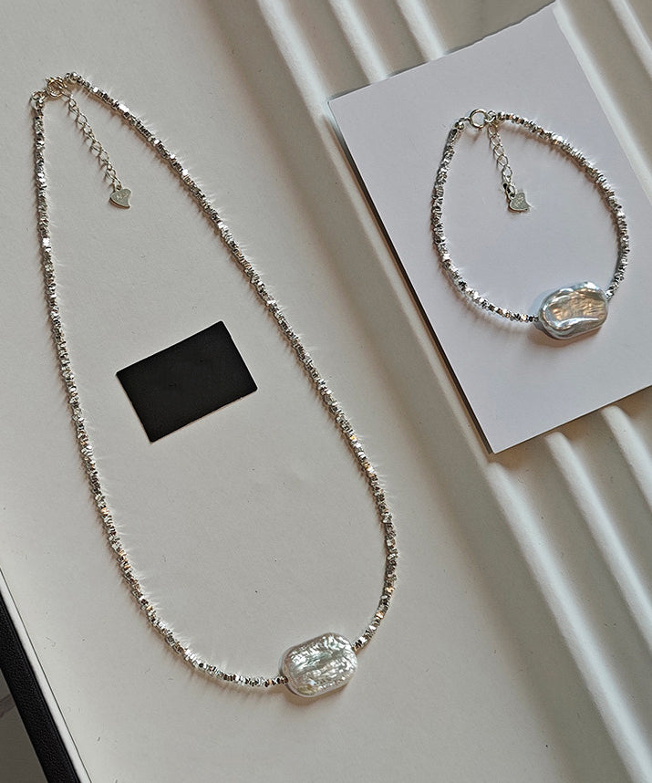 Silver Asymmetric Pearl Adjustable Two Piece Set Pendant Necklace