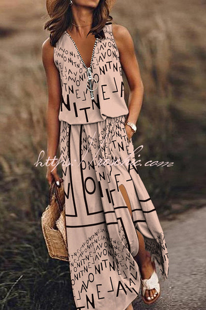 Modern Letter Print Zipper Neck Daily/vacation Maxi Dress
