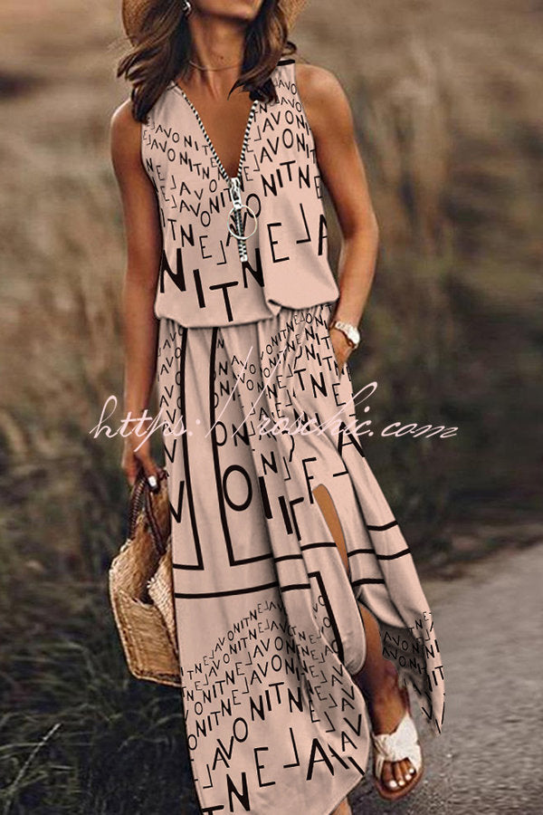 Modern Letter Print Zipper Neck Daily/vacation Maxi Dress