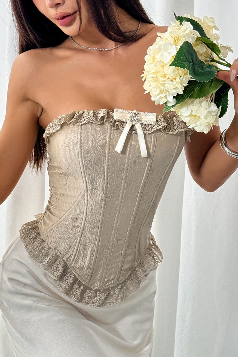 Lace Ruffle Trim Boned Strapless Corset Blouse