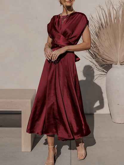 Loose Short Sleeves Color Split-joint Tied Waist Round-neck Midi Dresses