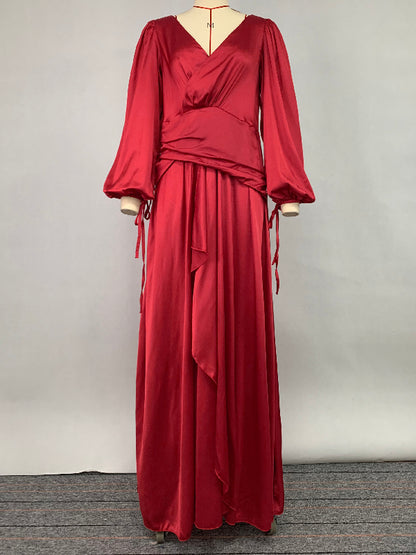 Look-thin Pleated Color V-cut Long Sleeves Maxi Dresses