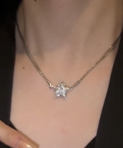 Silk Sterling Silver Zircon Five-pointed Star Pendant Necklace