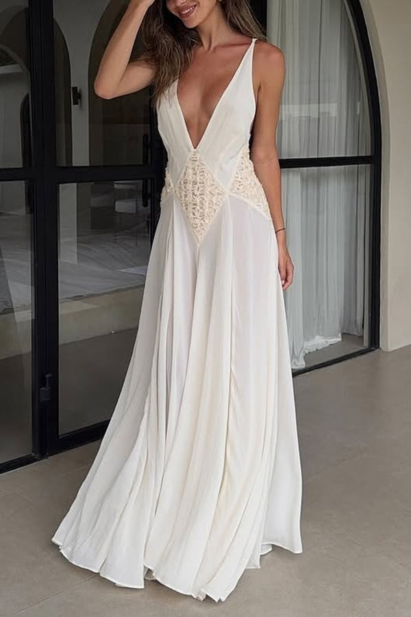 Venus by the Sea Tulle Lace Patchwork Backless Flowy Maxi Dress