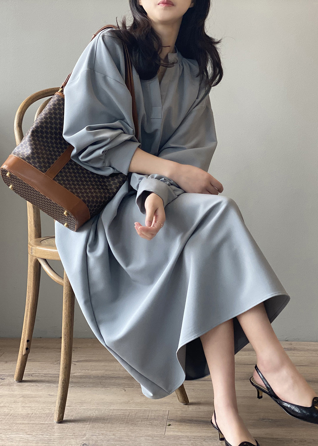 Apricot V Neck Tie Waist Cotton Long Dress Fall Af1069