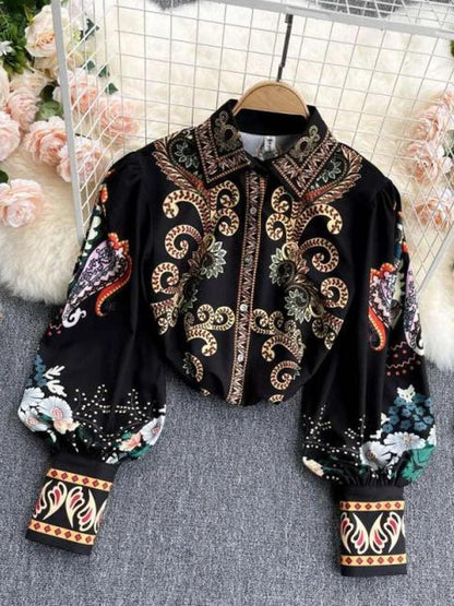 Retro Black Lapel Field Totem Print Buttoned Lantern Sleeve Blouse Ar1004
